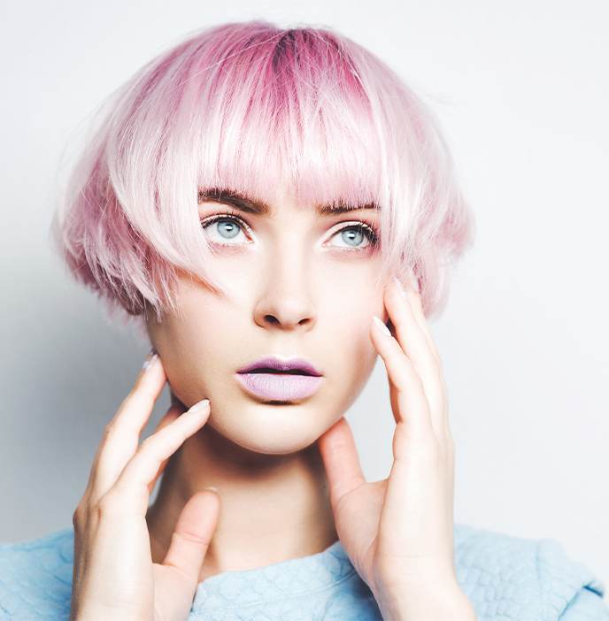 Fudge Professional Haircare branding & packaging, hair that turns heads, blonde / pink hair model.