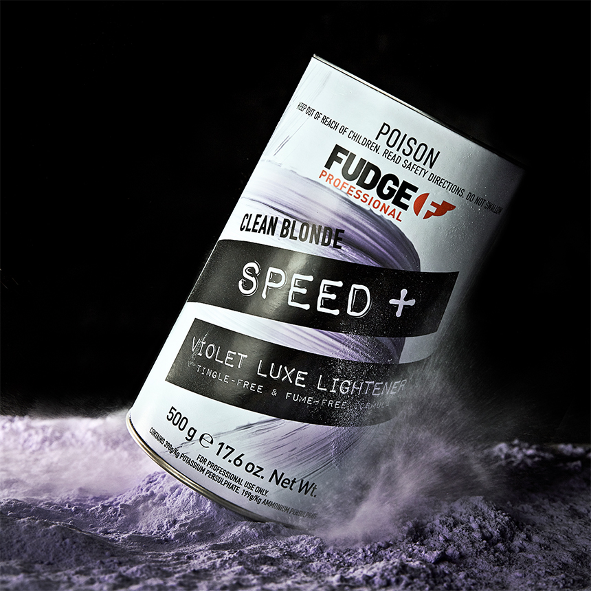 Fudge Professional Haircare branding & packaging, Clean Blonde Speed + Violet Luxe Lightener powder studio photography.