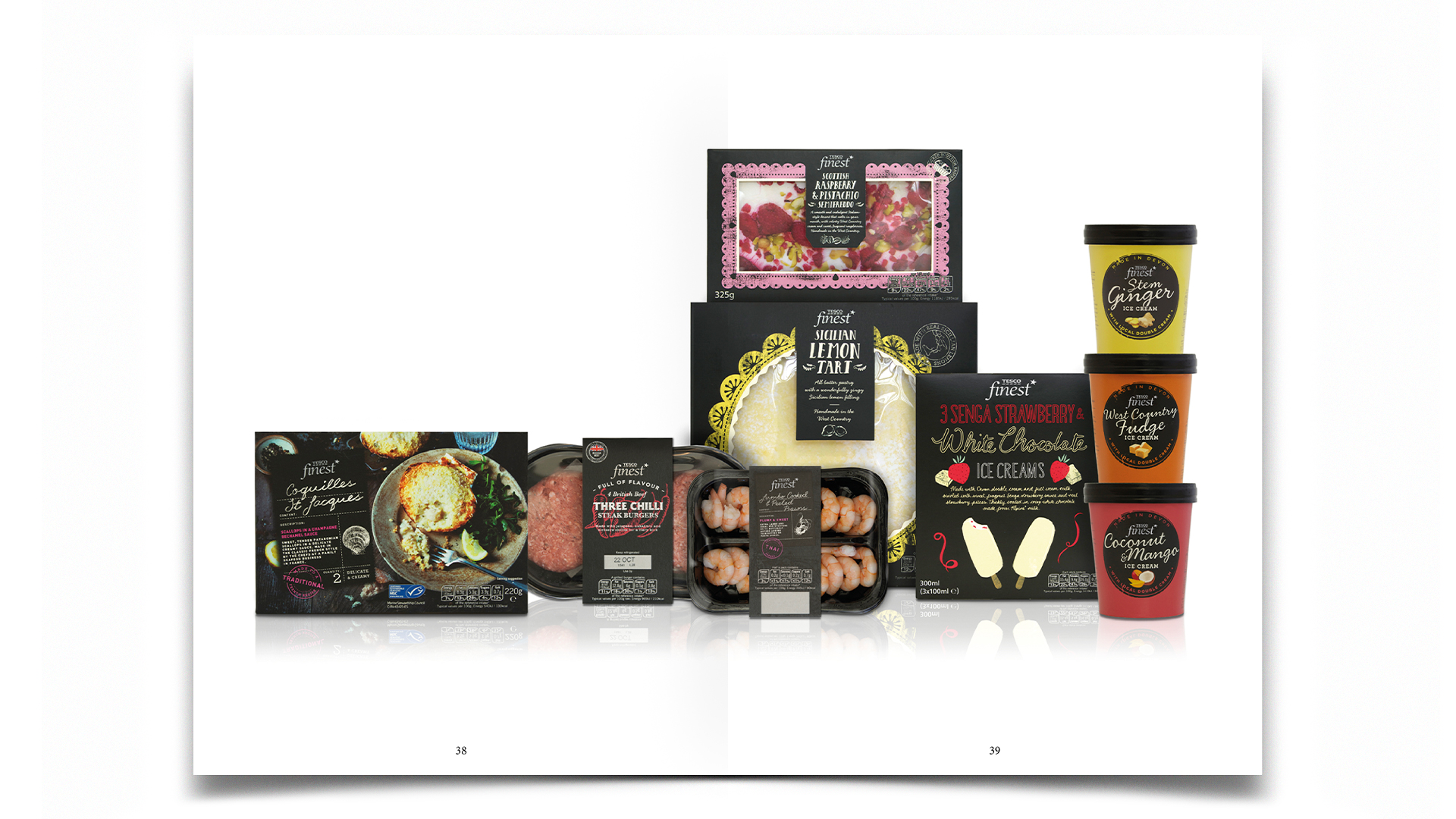 R Design, Inspired Common Sense, Tescos finest range packaging design, including deserts and savoury food.