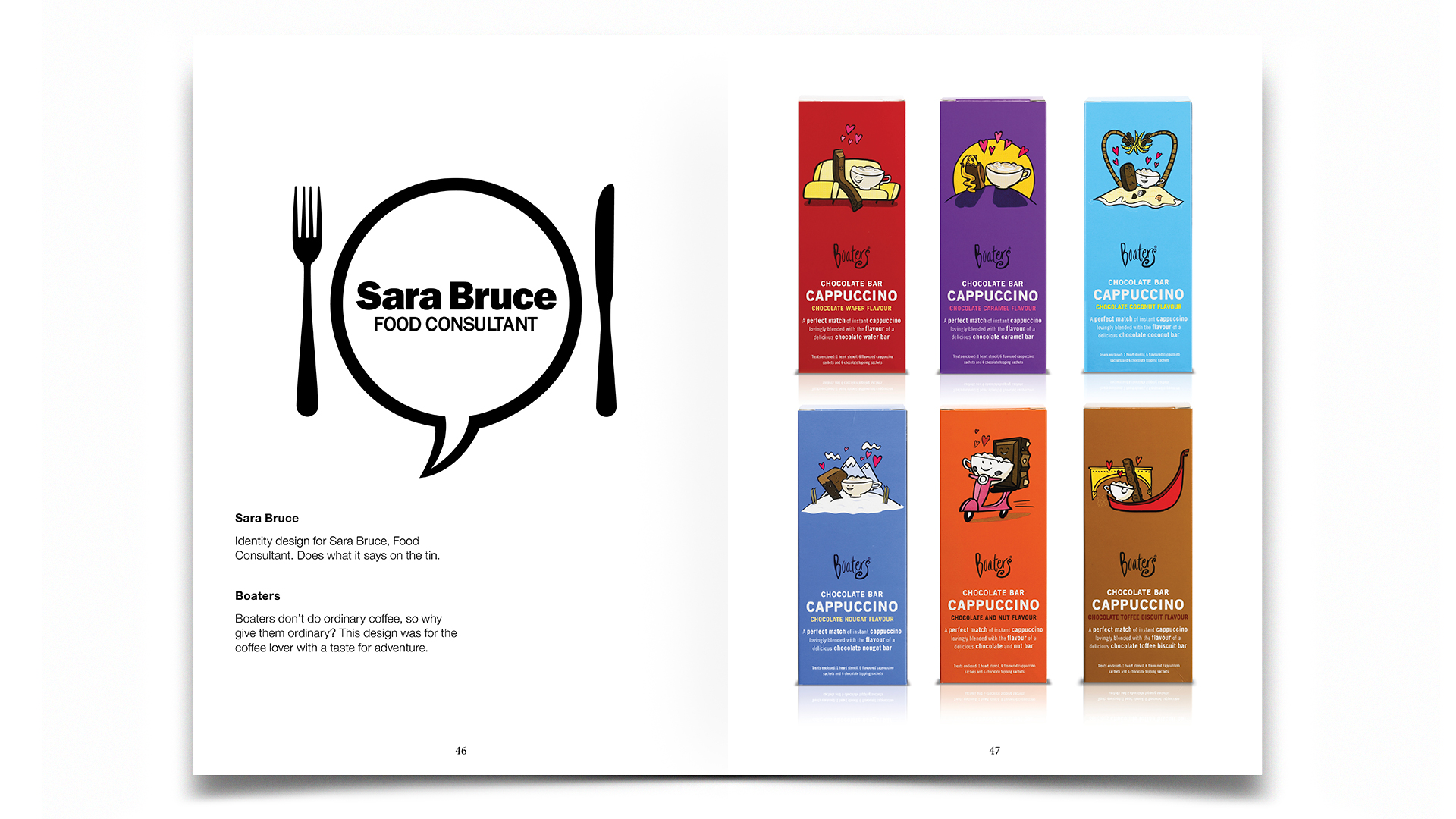 R Design, Inspired Common Sense, Identity design for Sara Bruce, food consultant and packaging design for Boaters’ cappuccino range including 6 different cappuccino designs.