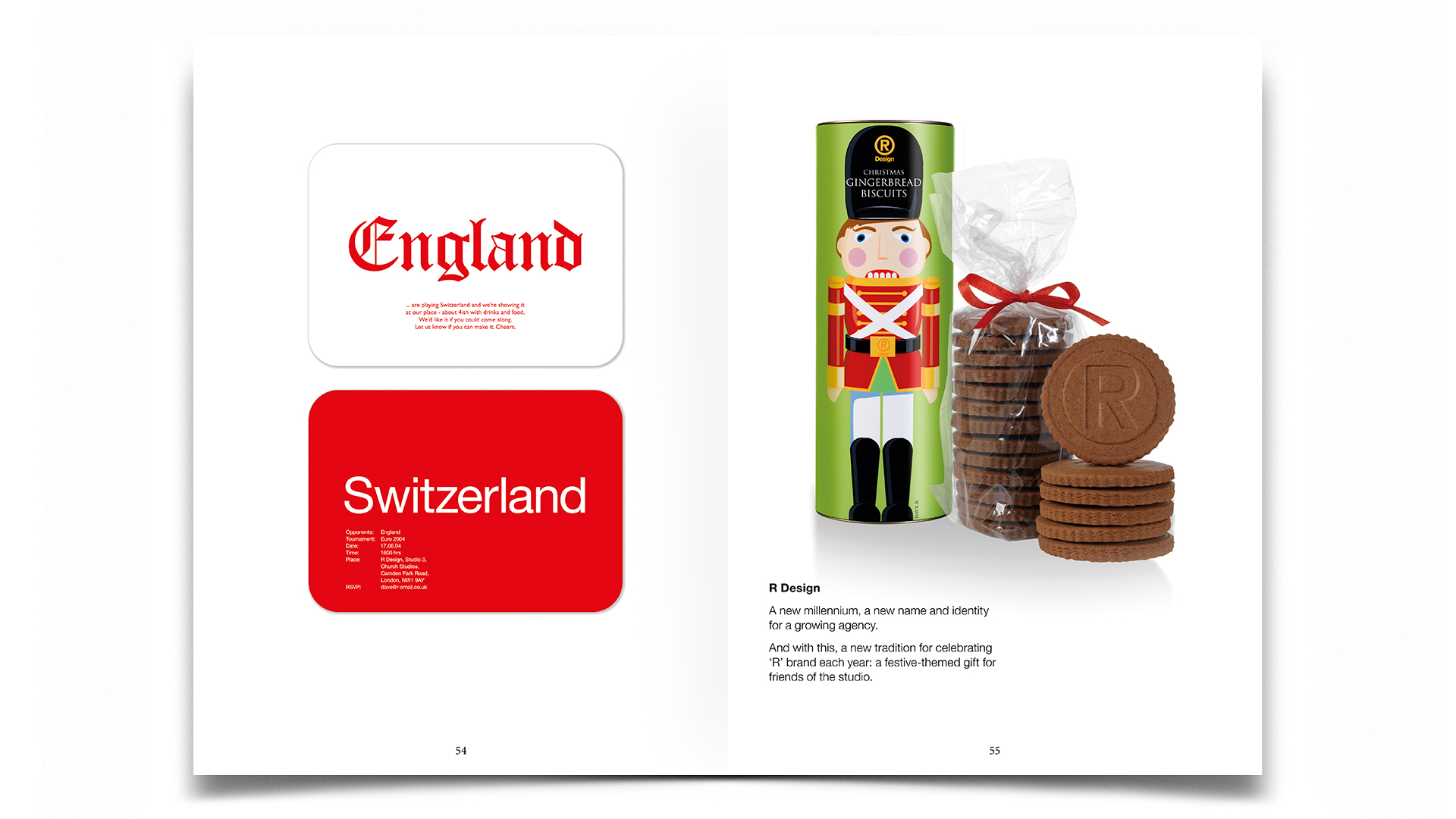 R Design, Inspired Common Sense, Coaster designs for England and Switzerland for Euro 2004. On the right hand page, gingerbread Christmas biscuit packaging design for R-Design.