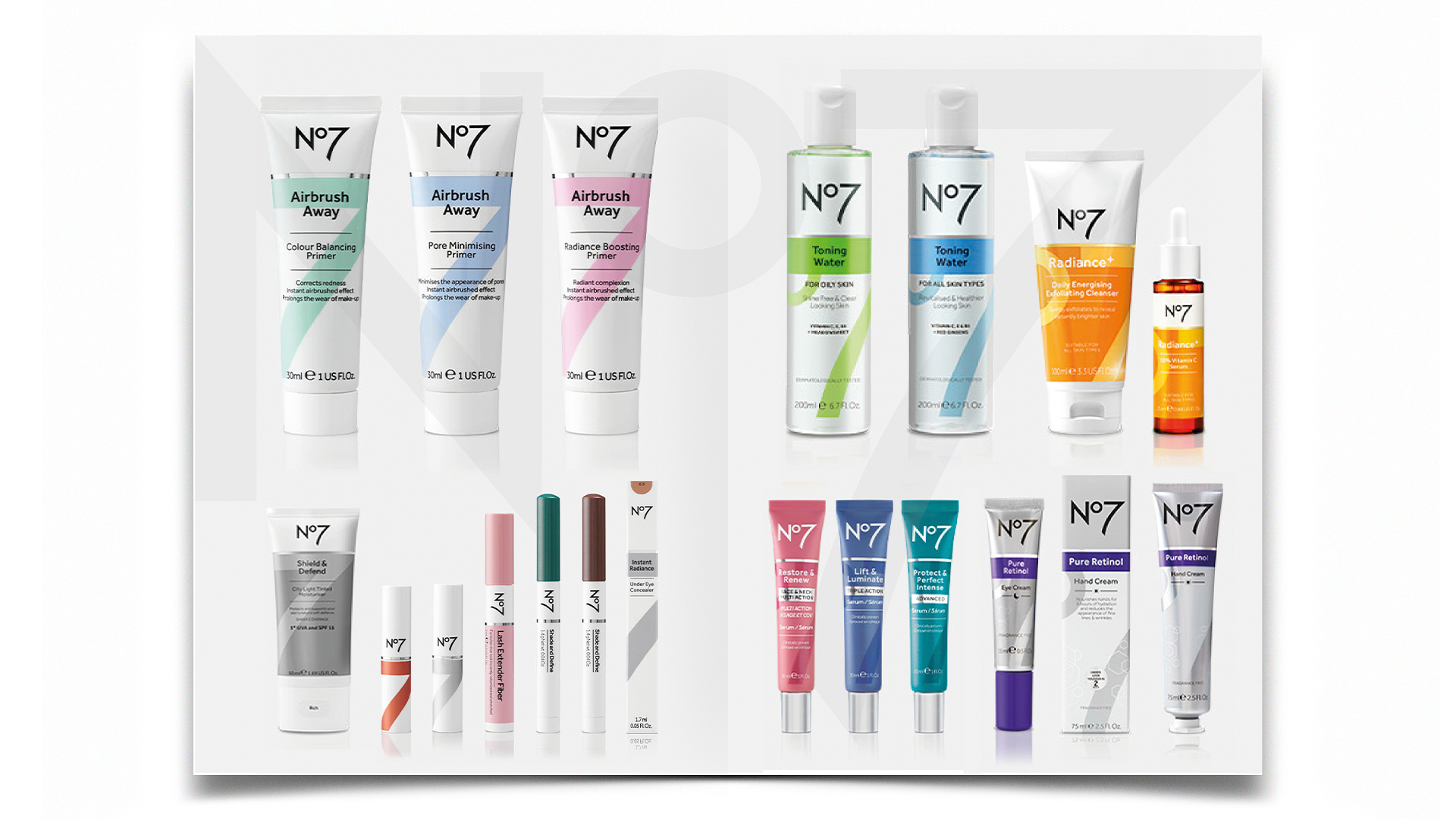 R Design, Inspired Common Sense,No7 range, No7 Primer, No7 Cleansing, No7 Cosmetics, N07 Anti-aging, No7 Retinol.