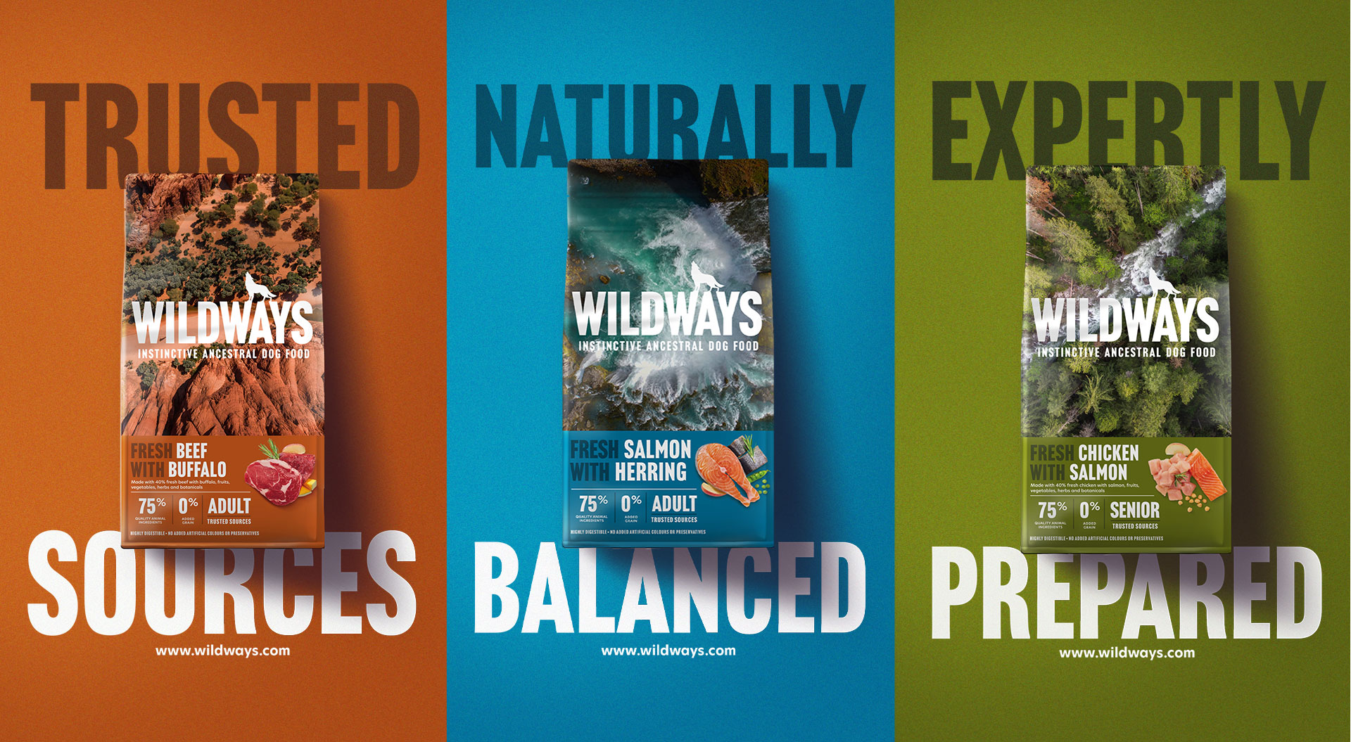 3 Wildways packs on coloured backgrounds